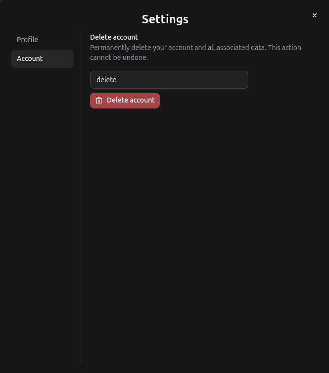 Account deletion settings screen showing the Delete account section with confirmation input and button